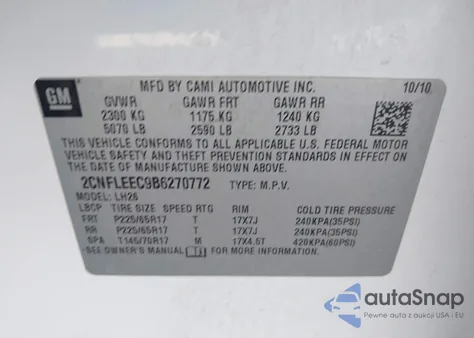 2011 Chevrolet Equinox 1Lt z USA, uszkodzony, nr VIN 2CNFLEEC9B6270772